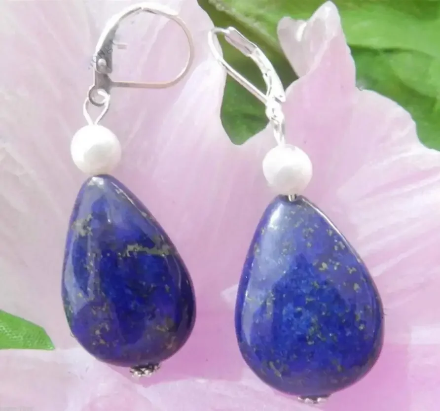 

Real Lapis Lazuli & Pearl Gems Jewelry Cute Earrings ! 925 Sterling