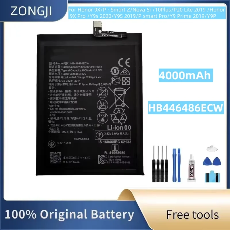 New Battery HB446486ECW 4000mAh Battery For P smart Z/honor 9X/P20 lite 2019 P/Nova5i/Enjoy 10 Plus/Y9S Batteries + Free Tools