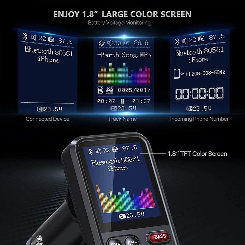 Color big screen car mp3 player U disk music bluetooth car kit FM transmitter EQ mode adjustment USB car fast charge