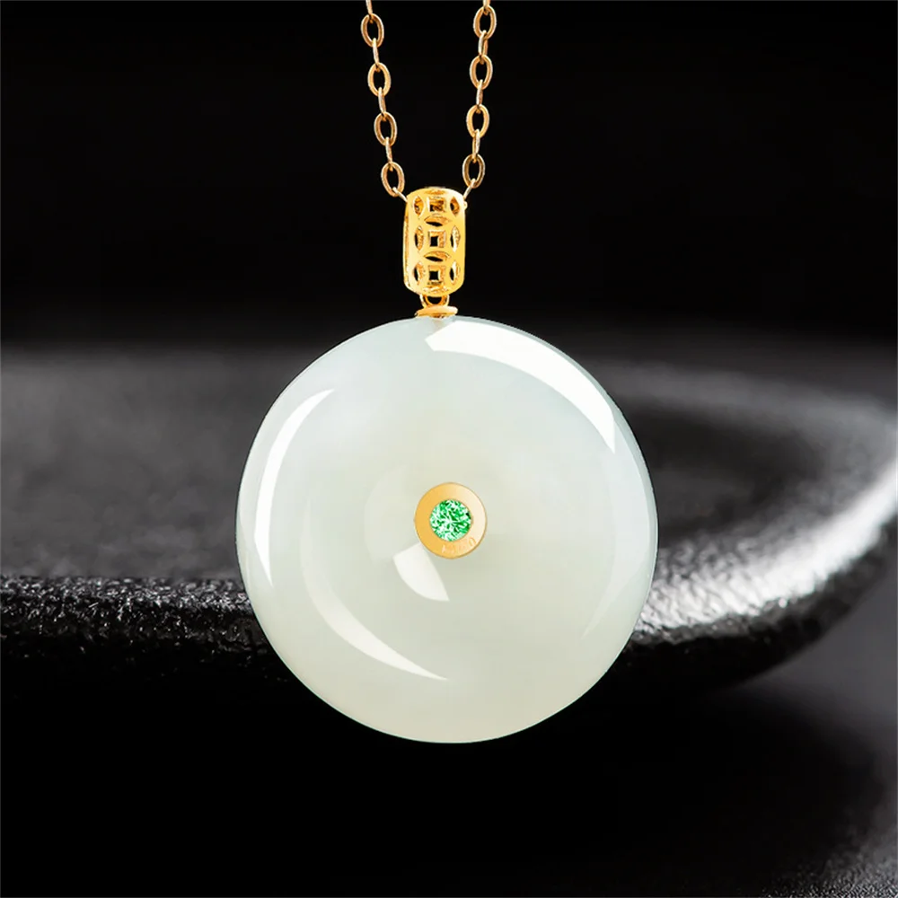 18K Gold Natural White HeTian Jade Round Harmony Buckle Fortune Pendant Amulet Chain Necklace Certificate Luxury Jade Jewelry