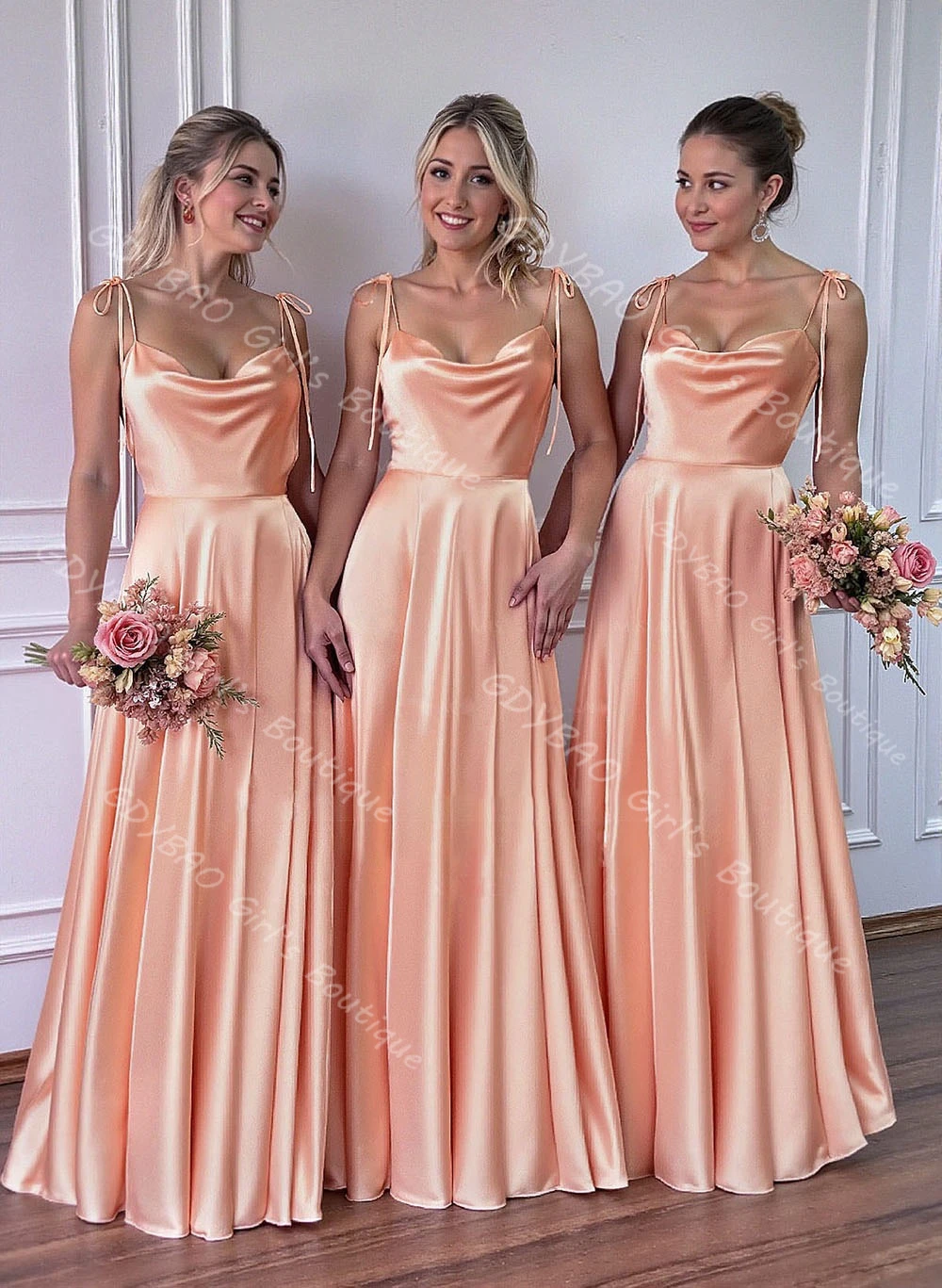 Customized Women's Bridesmaid Dress A-Line Cowl Neck Spaghetti Strap Wedding Party Dress Satin Robe Backless Prom Evening Gown