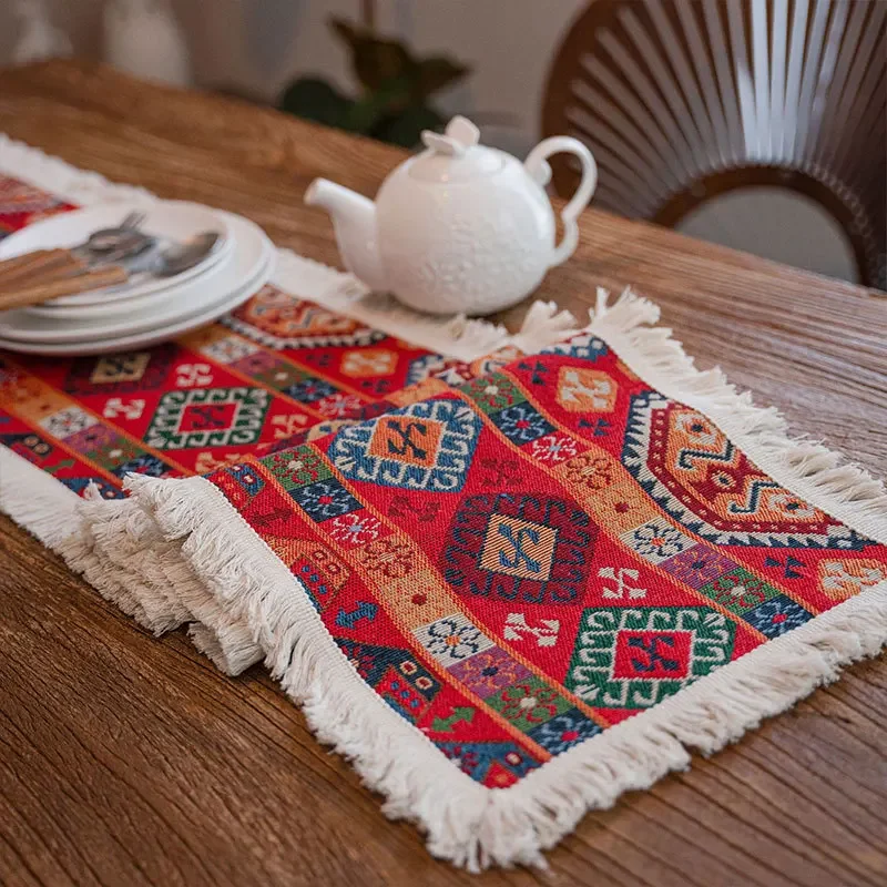 Red Ethnic Style Table Path Mexico Vintage Tassel Table Runner Home Decoration for TV Cabinet Dresser National Style Jacquard