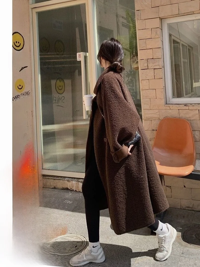

Женское теплое пальто из овечьей шерсти средней длины, кофейного цвета, зимняя верхняя одежда, повседневное, в корейском стиле, утепленное, из полиэфирного волокна