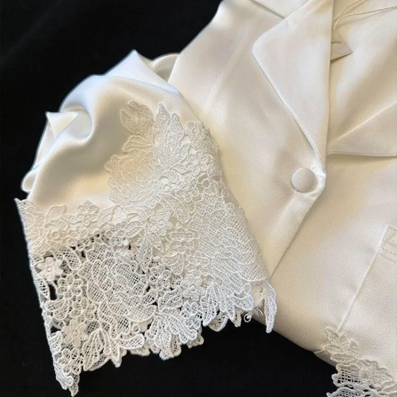 Pantalones de manga larga de otoño de seda de hielo y nieve de gama alta de encaje Jacquard satinado conjunto para el hogar pijamas ligeros de lujo ropa interior delicada