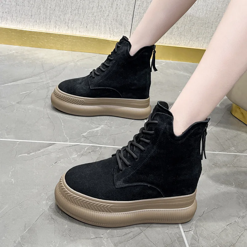 Fujin 10cm British Platform Ankle Boots Motorcycle Punk Spring Autumn Winter Suede Leather Women Lace Up Has Plush Zipper Shoes