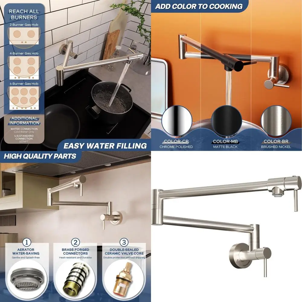 

Commercial Wall-Mounted Brushed Nickel Pot Filler Faucet with Dual Swing Arms, Lead-Free Brass, Modern Design