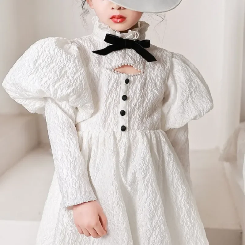 Baby Girl Princess Vintage Dress Long Puff Sleeve Infant Toddler Teens Vestido Wedding Party Bridemaid Baby Clothes 1-14Y