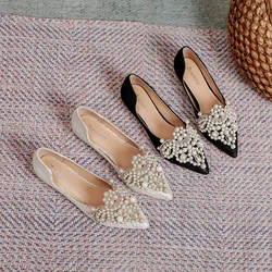 Wedding Shoes 2024 Autumn New Women's Shoes Plus Size 43 Lace-up Pearl Gentle Single Shoes Fashion Party Footwear Zapatos Mujer