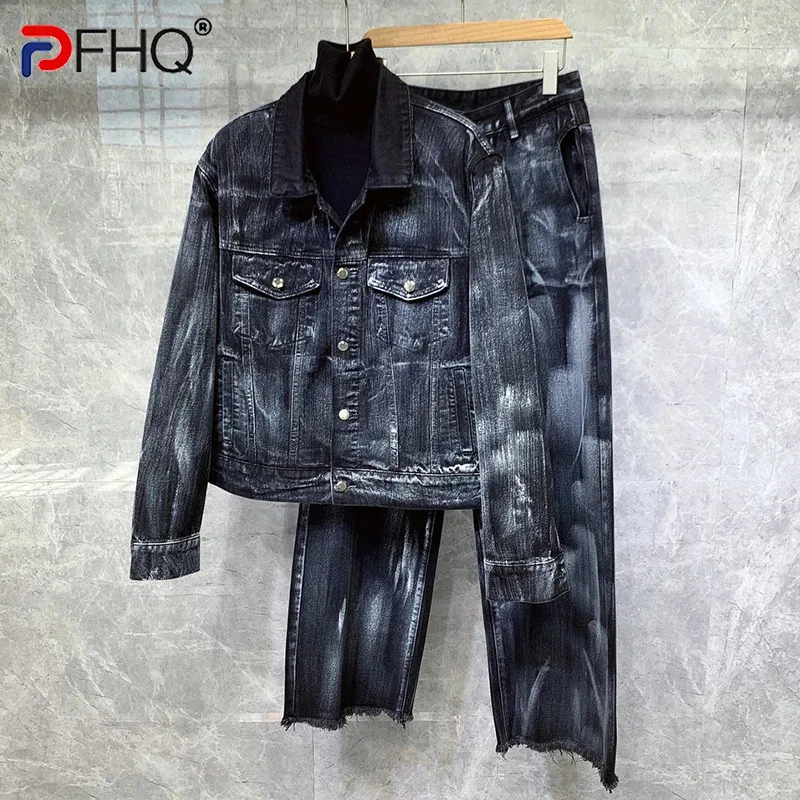 PFHQ sepeda motor pria musim gugur warna kontras Set Denim pasang kualitas tinggi jaket kancing sebaris saku celana panjang antik 21Z2068