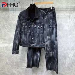 Pfhq outono motocicleta masculina contraste cor denim conjunto maré alta qualidade único breasted jaquetas bolso calças vintage 21z2068