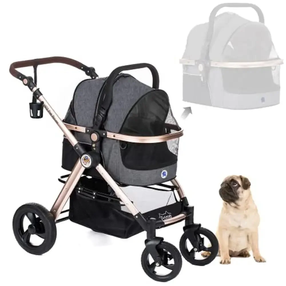 Luxury 3-in-1 Pet Stroller Travel Carrier Car Seat Detach Carrier Pump-Free Rubber Wheels Gold Aluminum Frame Reflective Night