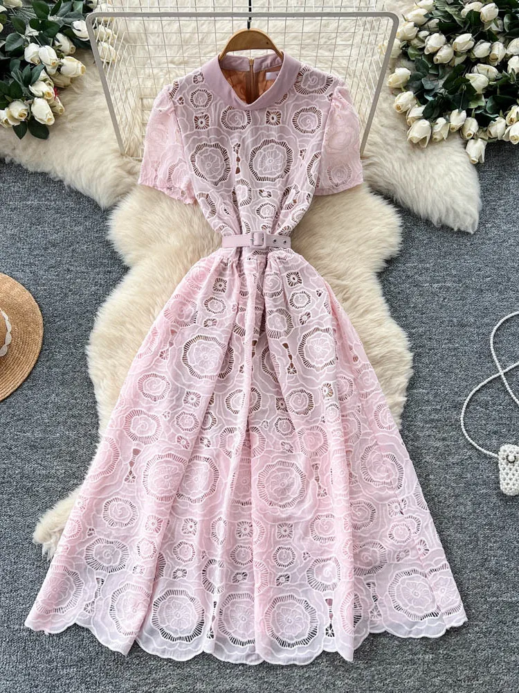 

Женская летняя длинная юбка А-силуэта с кружевной вышивкой, завышенной талией и эффектом похудения, в женственном стиле