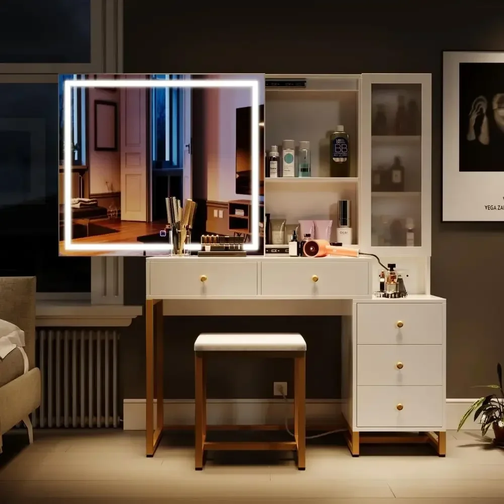 Extra Large Makeup Vanity Table with Sliding Lighted Mirror, Charging Station, and Cushioned Stool, 5 Drawers Vanity Set for Bed