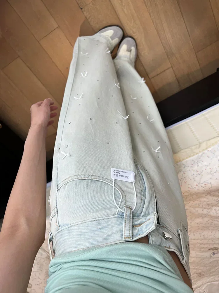 Large Size Light Blue Bow Hot Diamond Straight Jeans Female 2024 New Loose Women's Summer High Waist Drape Denim Wide Leg Pants