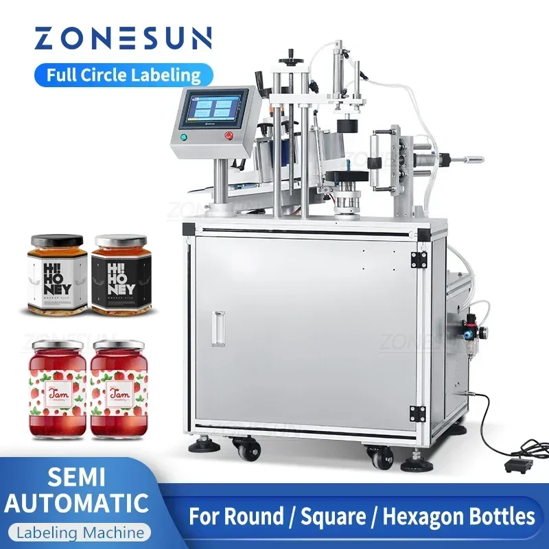 ZONESUN ZS-TB805B Semi Automatic Labeling Machine Full Circle Labeler for Round Square Hexagon Cosmetic Jars Glass Plastic Bottl