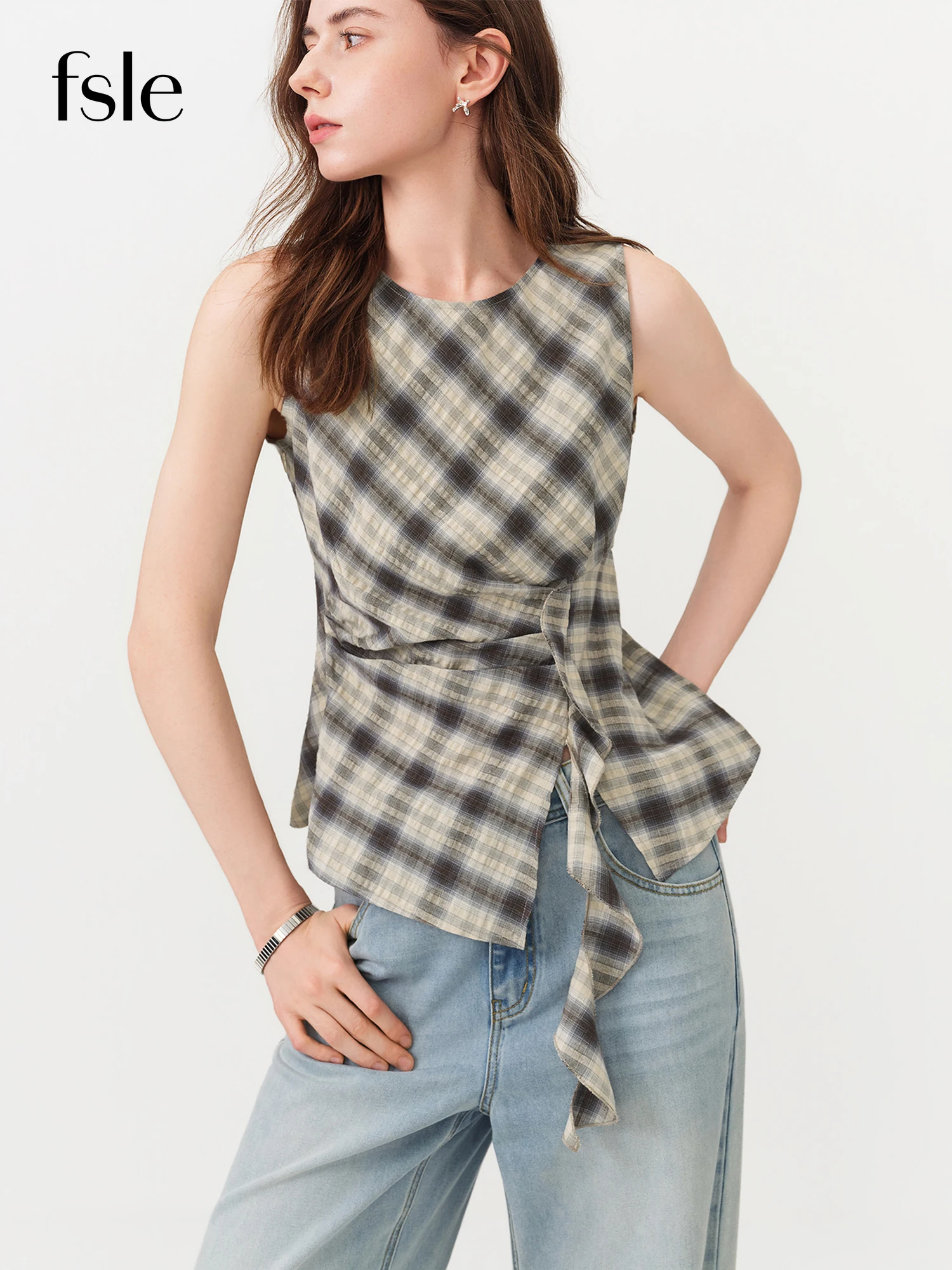 FSLE Retro Plaid Round Neck Slim Waist Sleeveless Shirt for Women New Summer 2026 Style with Ribbon Korean Style Y2k