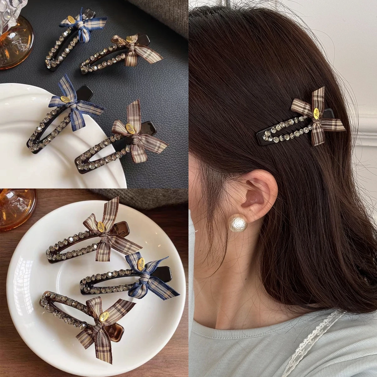 Korean Hollow BB Clip Simple Exquisite Ribbon Bow Rhinestone Duckbill Clip Temperament Bangs Side Clip Women Hair Accessories