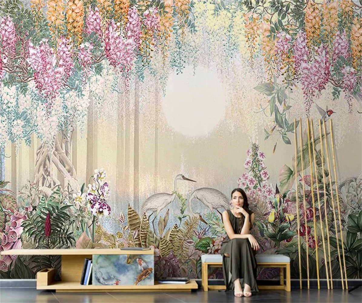

Американский ручной рисунок цветок и птица настенная бумага красивый цветочный лес фреска гостиная ТВ фон стены 3d обои