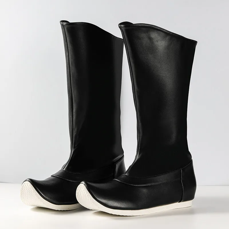 Ming Style Hanfu Black Leather Boots Upturned Toe Flat Sole Unisex