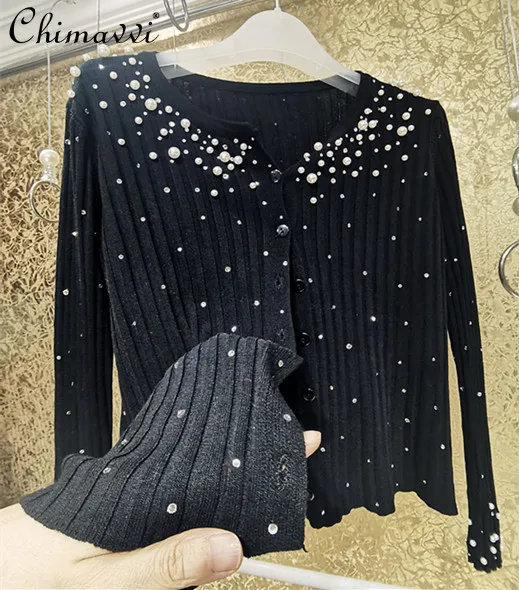 

Fashion Rhinestone Heavy Beads Thin Sunscreen Cardigan Slim Round Neck Single-Breasted Long Sleeve Knitwear Elegant Womens Top