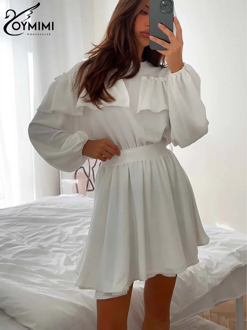 

Oymimi Fashion White Women 2 Piece Set Outfit Casual New Ruffled Long Sleeve Shirts And High Waist Lace Pleated Mini Skirts Sets