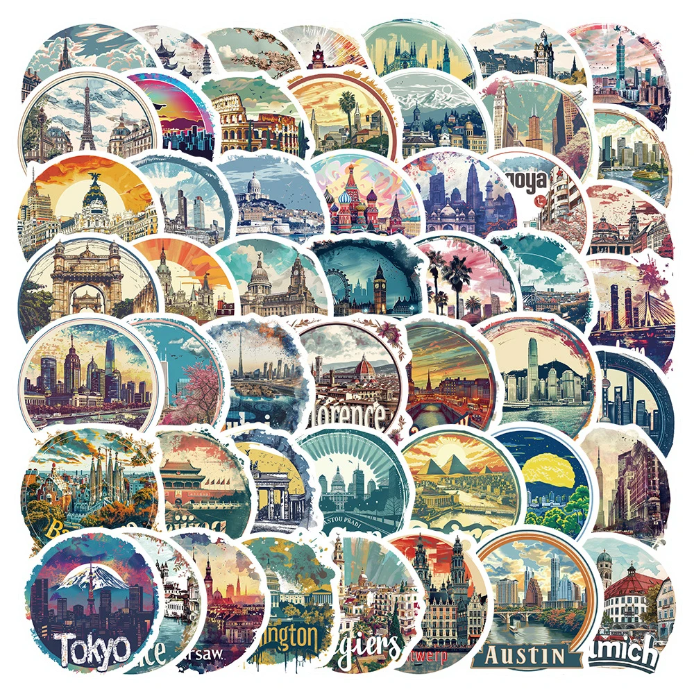 10/30/50pcs World Famous City Landmarks Stickers Aesthetic Buildings Scenery Cartoon Waterproof Decals for Laptop Phone Suitcase