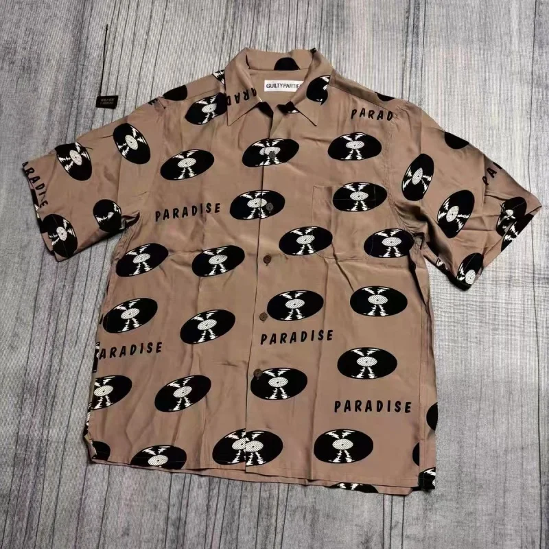 

Vintage Vinyl Records Full Print Summer WACKO MARIA Mens Womens Casual Graffiti Best Quality Hawaii Short Sleeve Shirt