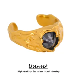 USENSET Y2K Trendy Stainless Steel Cuff Rings Charm Women Black Natural Stone Inlaid Finger Accessories Street Daily Wear
