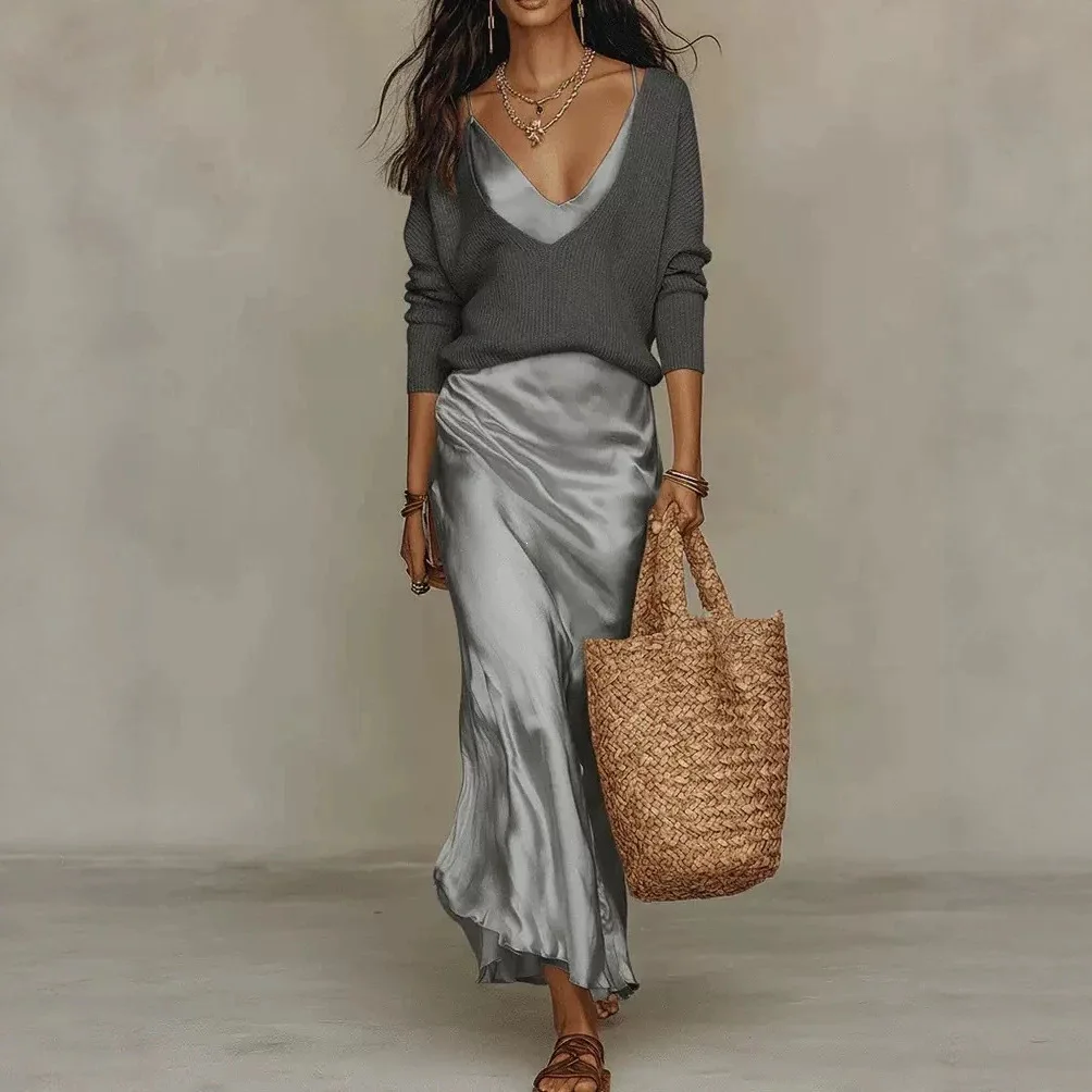 

Elegant Commute Two-Piece Set Satin Dress Knitted Top Women's Fashion 2026 New Arrival Casual Sportswear Ensemble