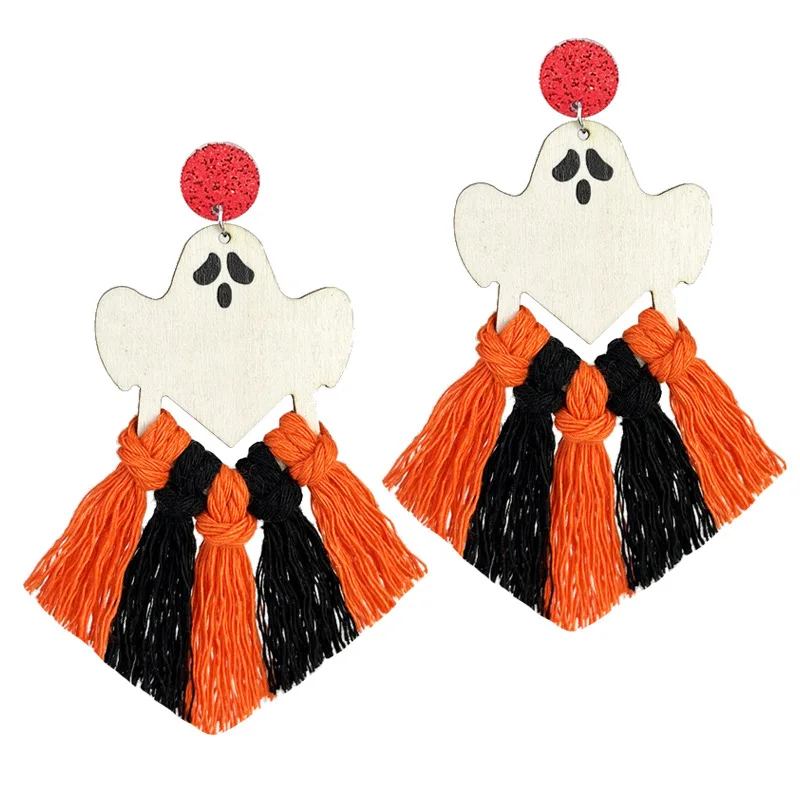 White Gold and Orange Halloween-Themed Jewelry Boho Style Macrame Earrings 10cm Candy Corn Ghost Bat Halloween Tassel Earrings