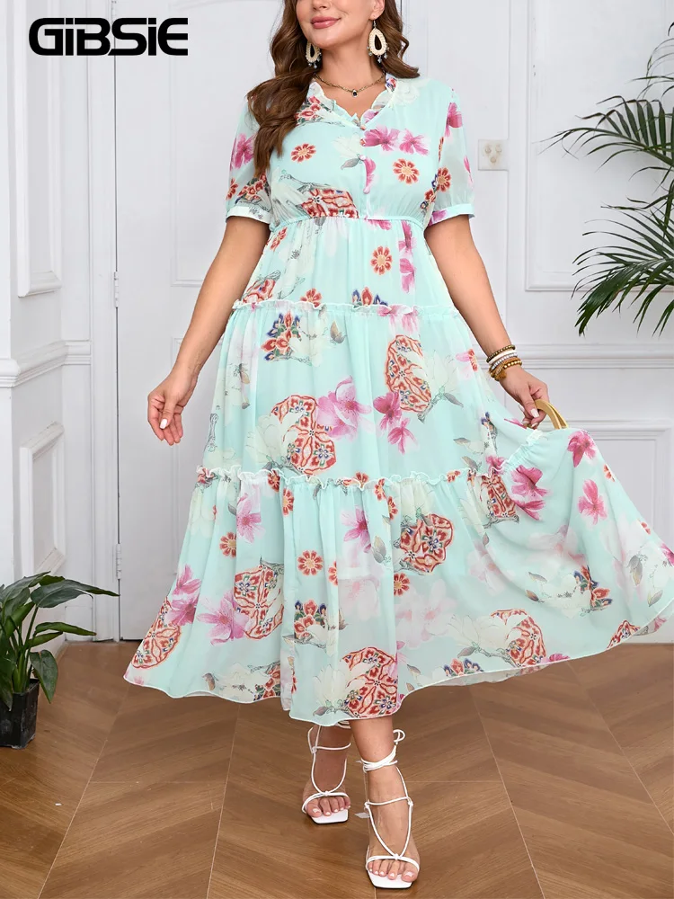 GIBSIE Plus Size Floral Print V-Neck Ruffle Hem Dress Women Summer Short Sleeve Elegant High Waist Chiffon Big Swing Long Dress