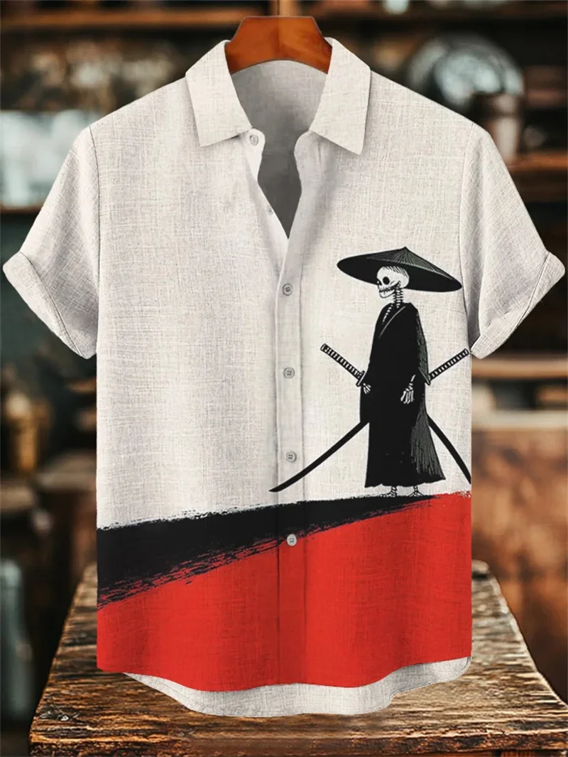 Men's Linen 3D Carp Print Hawaiian Shirt Chinese Summer Style Fashion Clothing Short Sleeved Shirt Top