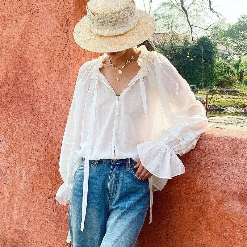 

Elegant Ladylike Long Sleeve Women's Shirt Spring Fashion Design Cross-Border White Shirt French Style Loose Fit round Neck