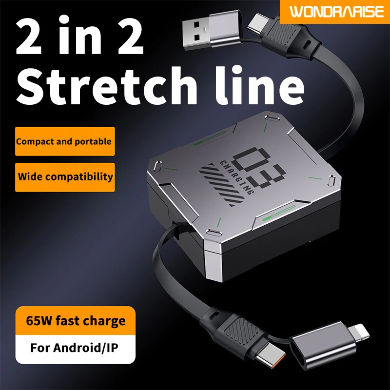 

WONDRARISE Retractable 2-in-2 Fast Charging Cable - 65W Type-C & USB for iPhone, Huawei, Xiaomi, Android, and Micro Devices