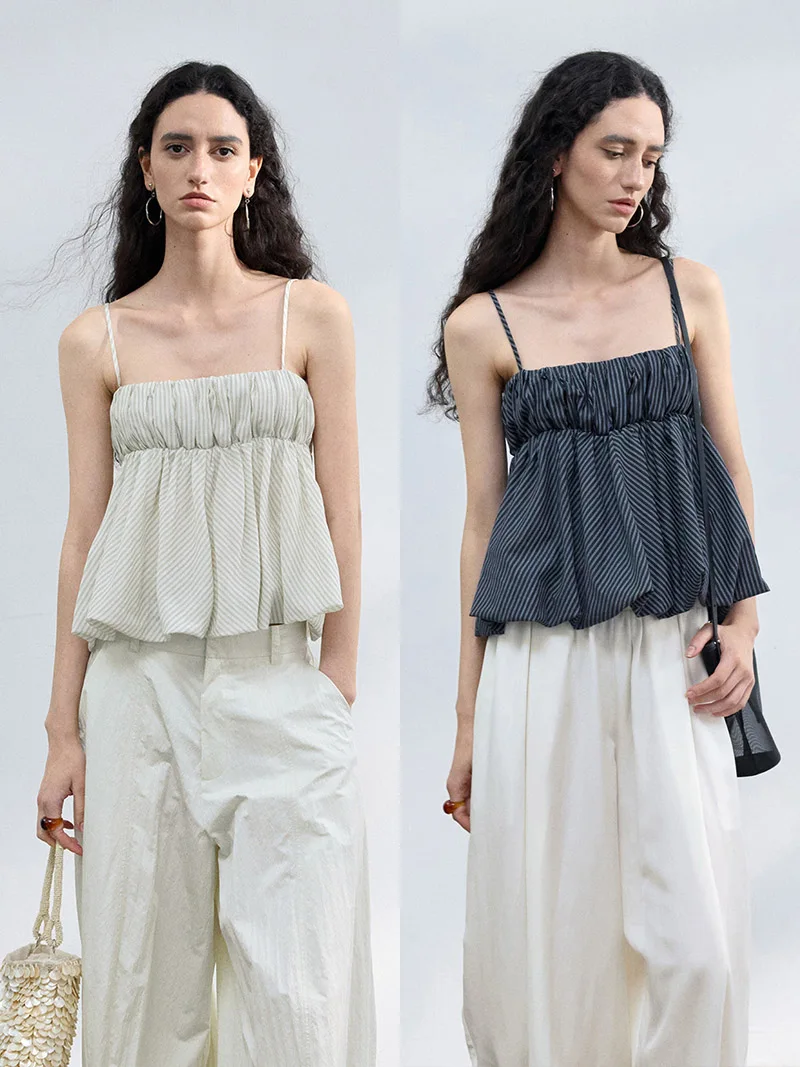 

TINNTINN 3D Stripe Silk Bubble Strap Vest Top Women's Design Sensation Ruffle Detail Commute Sle Loose Fit Summer Wear