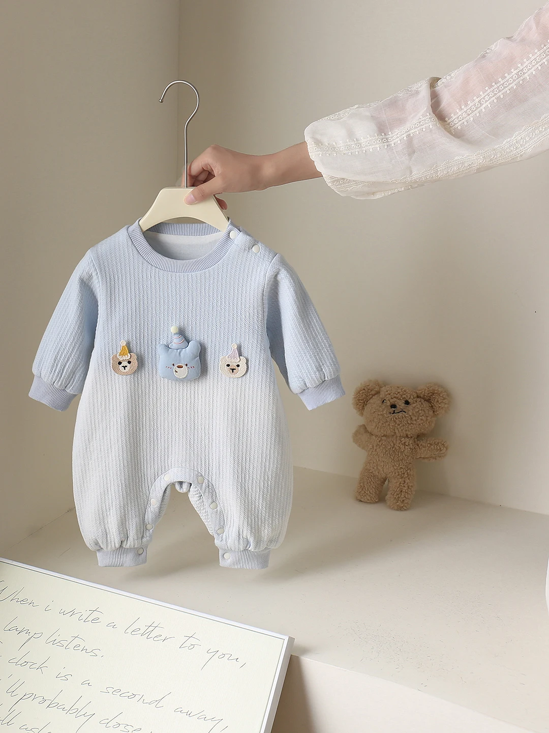 

Korean Sle Baby Rer Long Sve Double Layered Cling Suit for 0- Year Old Infants Cotton Commute High Waist Long Pants