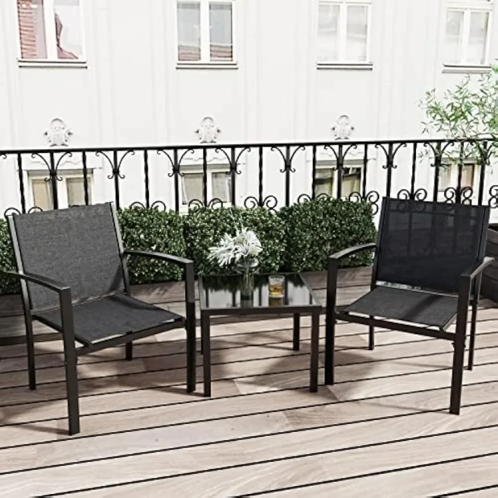 3-piece Patio Furniture Set Outdoor Textilene Fabric Chair with Glass Coffee Table, Black22.5 x 24 x 30 inches  patio furniture