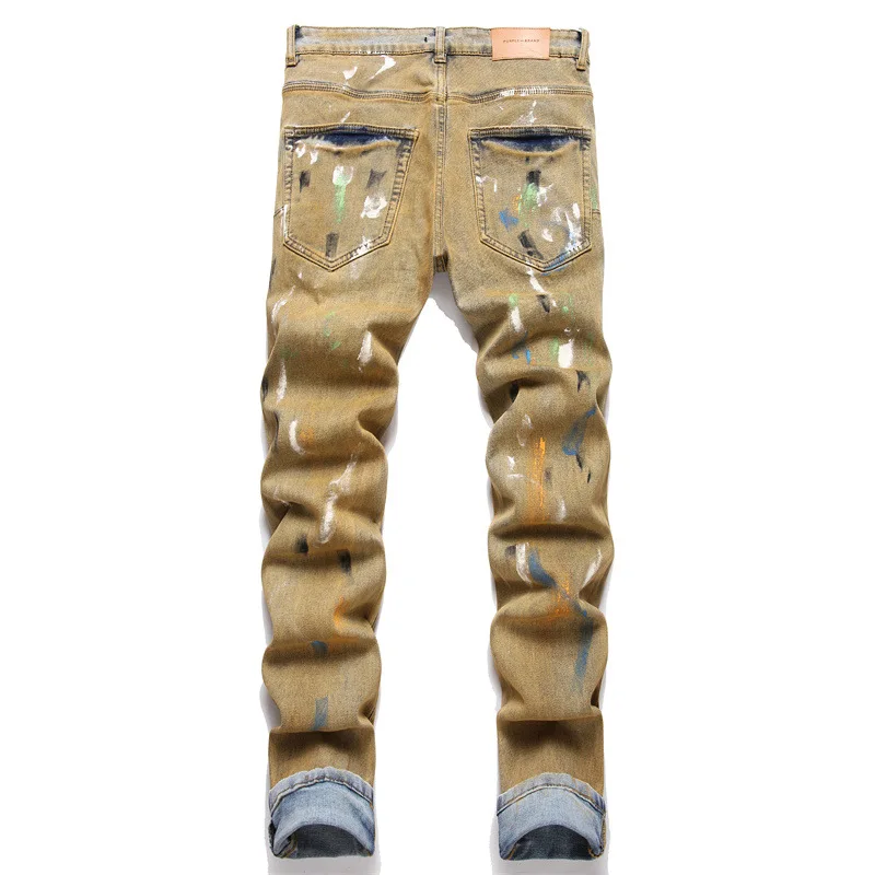 Fashionable Retro Paint Jet Men's Jeans Mid-Waist Slim Stretch Hip Hop Pencil Pants Streetwear