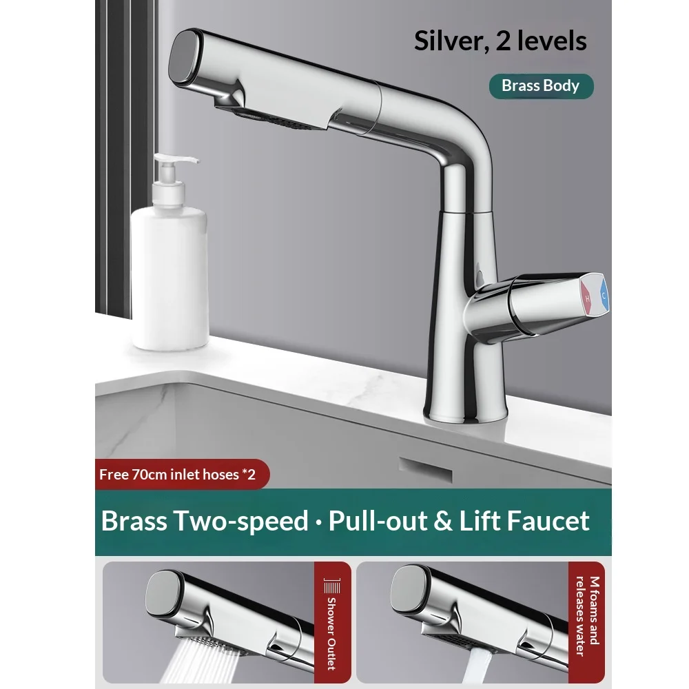 

Premium Brass Pull-Out Basin Faucet, Liftable & Rotatable Spout Mixer Tap with Dual Spray Options, Hot Cold Water Control