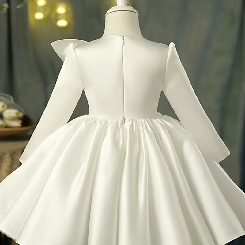 Baby Girl Princess Silk Dress Long Sleeve Child Vintage Big Bow Vestido Party Pageant Birthday Baptism Frocks Baby Clothes 1-12Y