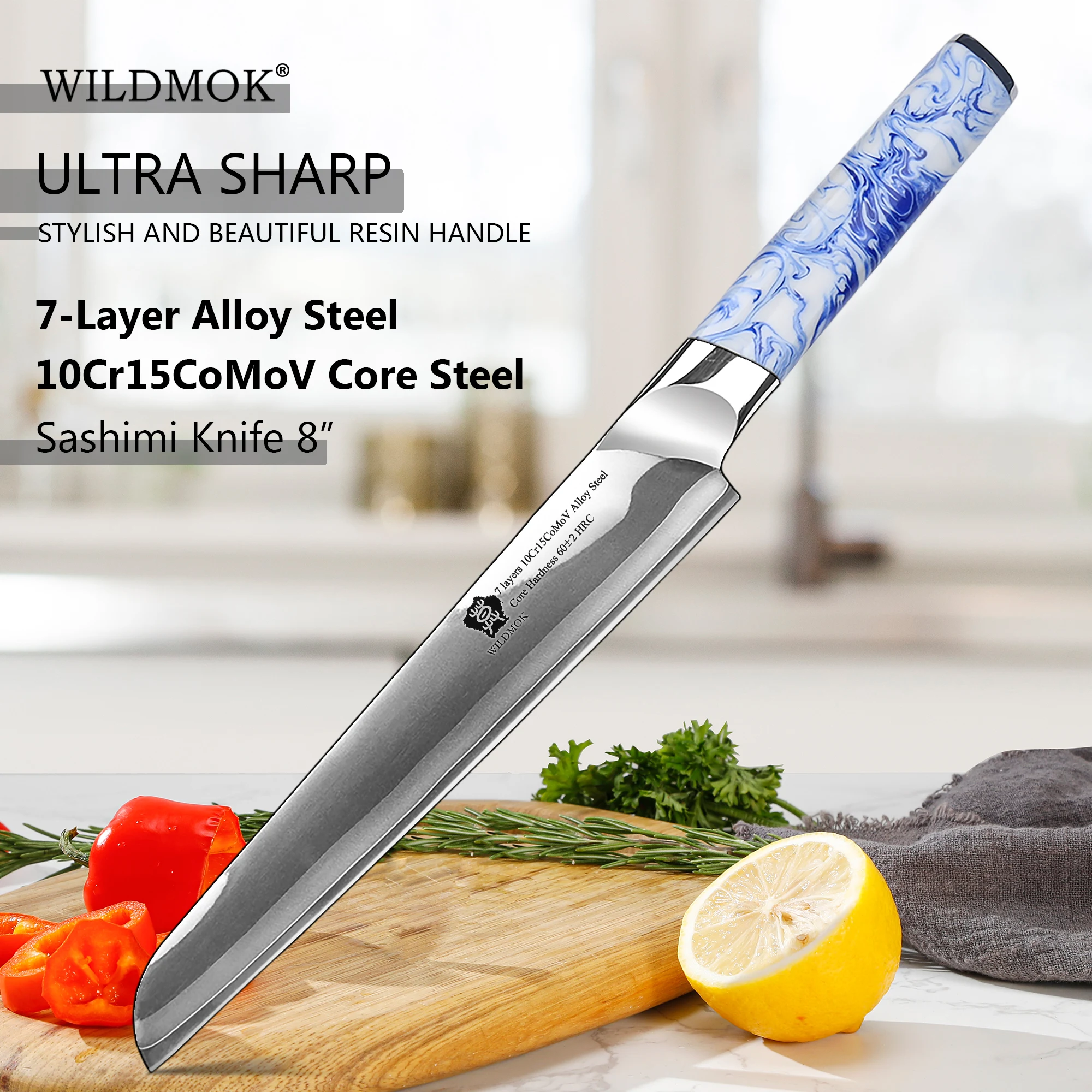 

WILDMOK Resin Handle 8 Inch Sashimi Sushi Knife , Japanese Yanagiba Sharp Kitchen Knives-7 Layer 10Cr15CoMoV Alloy Steel