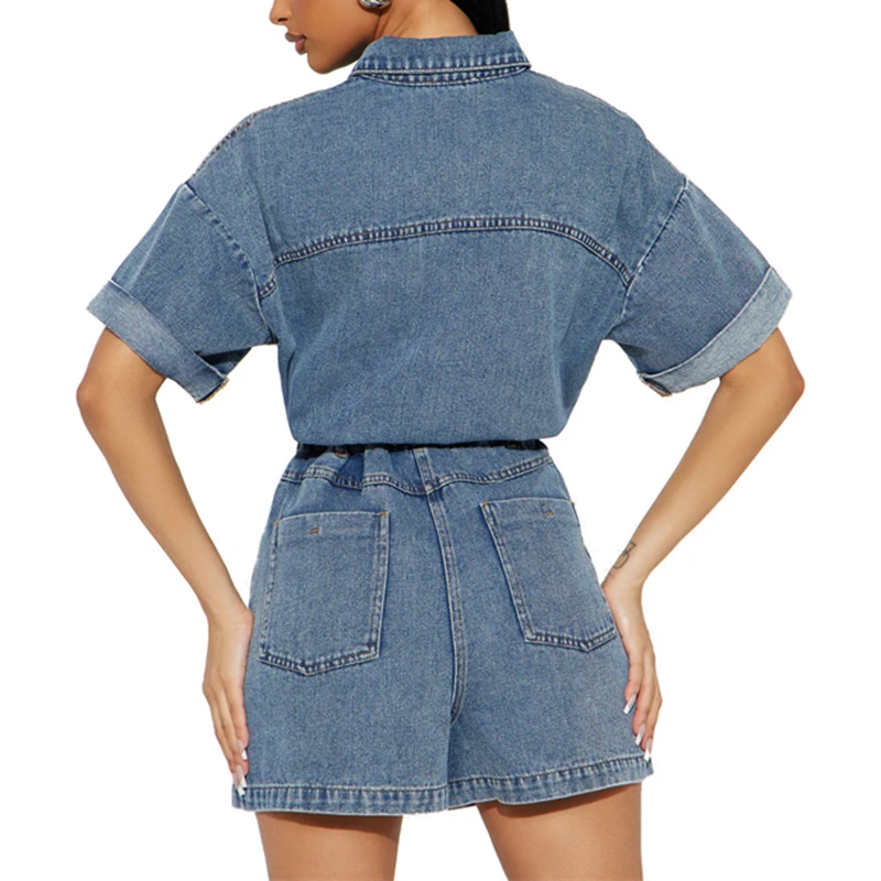 Short Sleeve Turn-down Collar Loose Wide Blue Denim Jumpsuits Women Summer Clothing Playsuits Shorts Casual Sweet Jeans Rompers