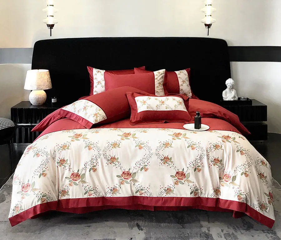 Romantic sweet embroidery red rose bedding set girl,full queen king modern cotton home textile bed sheet pillow case duvet cover