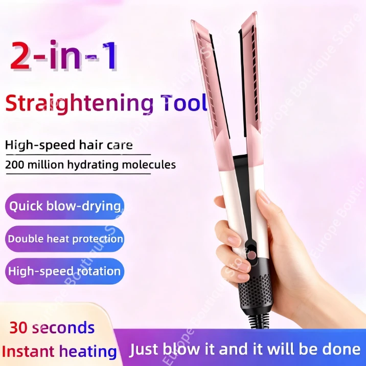Pengering dan Pelurus Rambut Profesional 2-in-1 Cepat Kering dengan Ion Negatif, Alat Penata Rambut Tahan Lama untuk Rambut Basah dan Kering, Catok Keriting