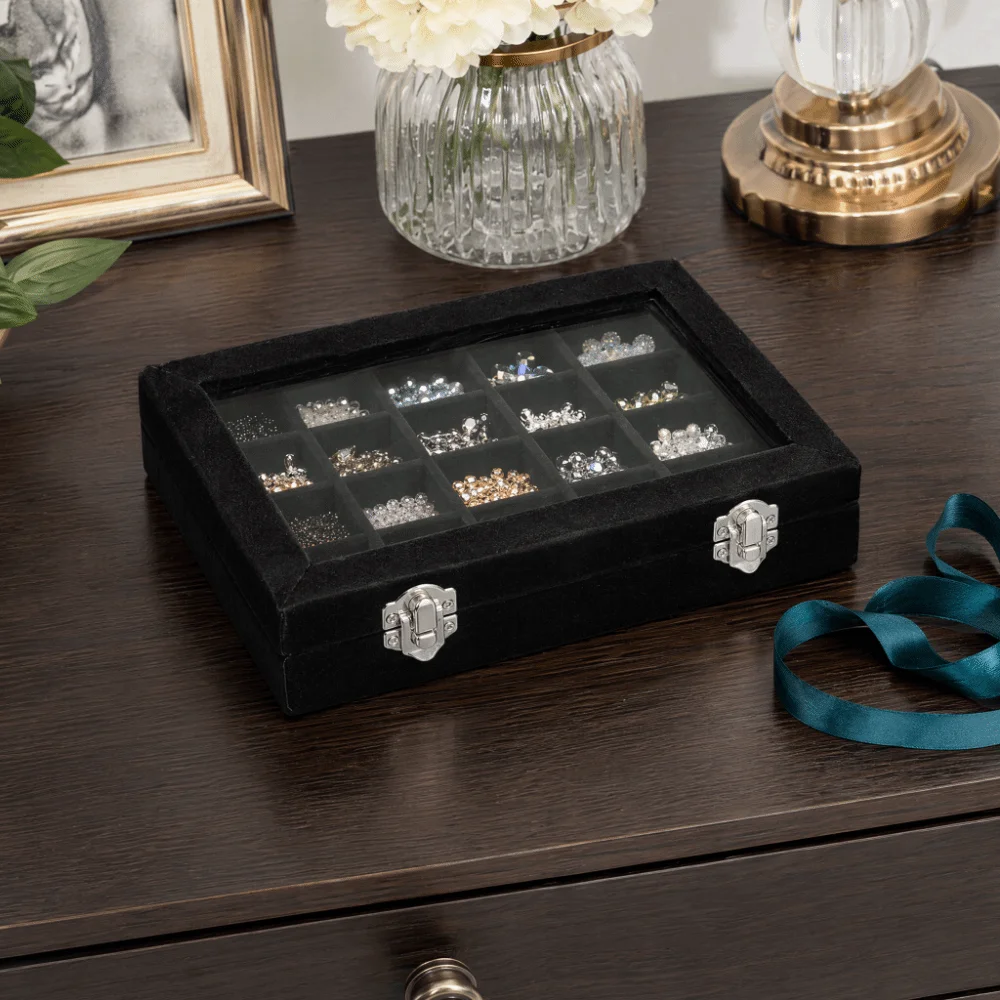 Velvet 24 Grids Rhinestone & Nail Gem Storage Box Transparent Lid Divided Compartment Nail Art Decoration Container
