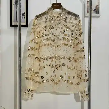 Módní flitrovaná halenka s dlouhým rukávem, univerzální velikost, 2024, vysoce kvalitní korálkový stojáček, košile s dlouhým rukávem a flitry 10 nejlepší prodej halenka s flitry - №5
