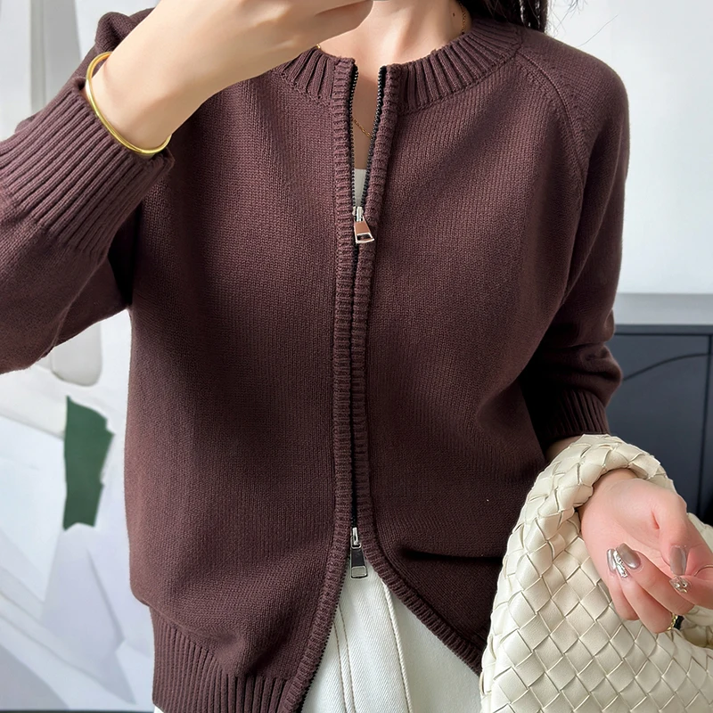 YTFidio 100% Cotton Women O-neck Thick Zipper Solid Cardigan Luxury Designer Clothing Woman Pullover Female Tops 401 image 3