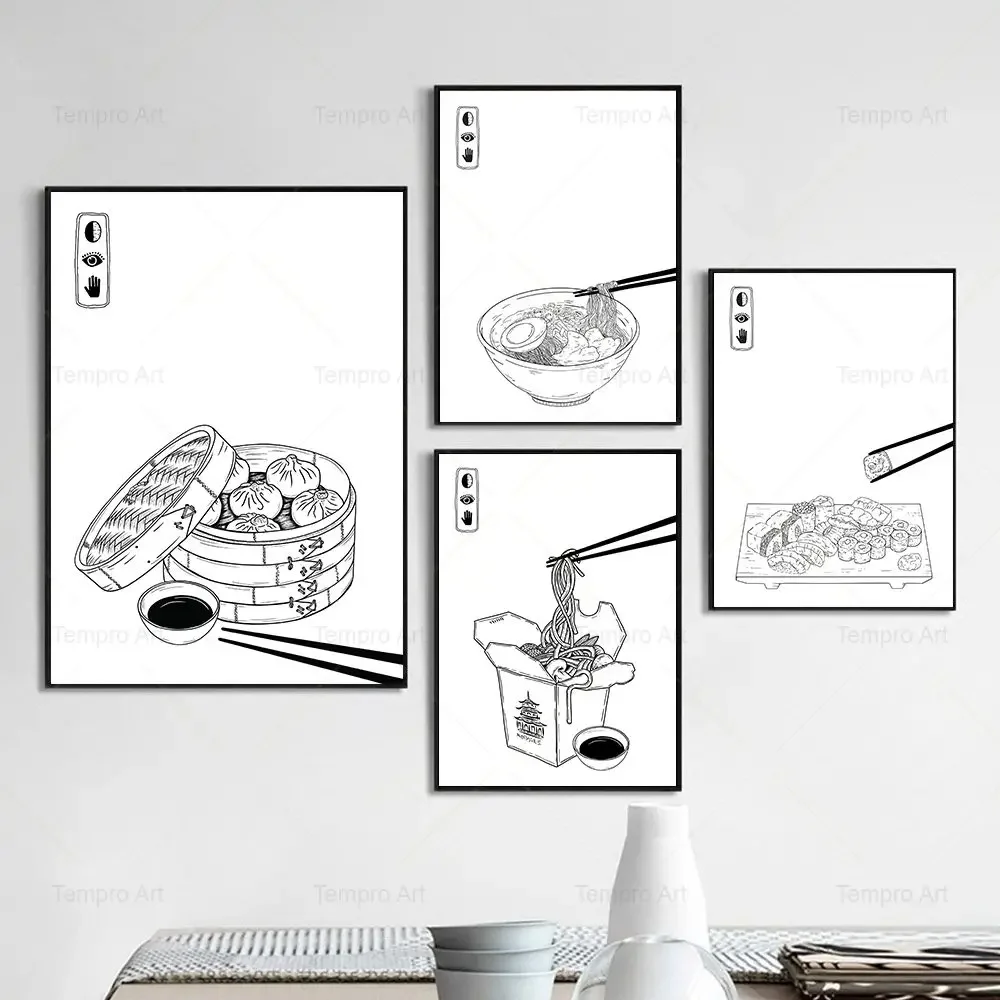 Chinese Japanese Food Poster Bundle Ramen Sushi Noodle Canvas Painting Wall Art Picture Decoration Restaurant Kitchen Home Decor