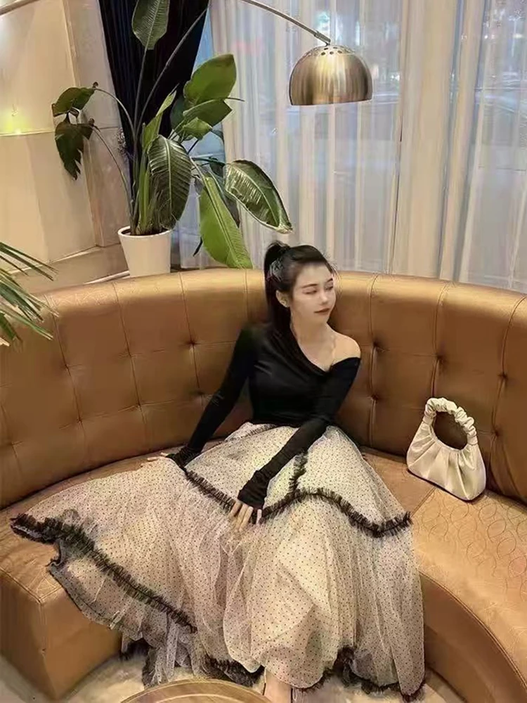 Sweet Polka Dots Long Skirt Women Mesh Patchwork French Romantic Casual Skirts Fall Winter Fashion Loose A Line High Waist Skirt