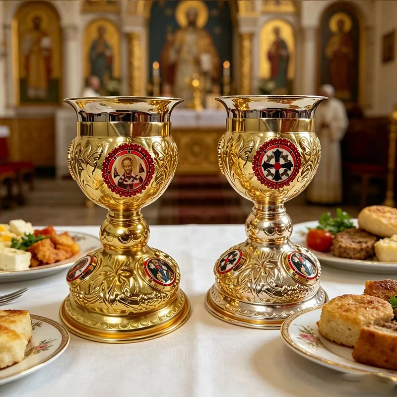 New Gold Plated Orthodox Communion Chalice with Enamel Icon Reliefs for Christian Church Altar Liturgy and Eucharist Service Use